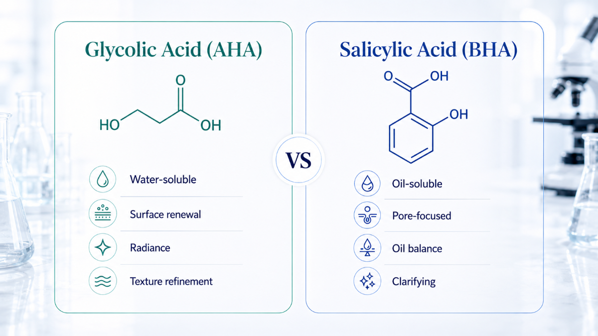 Glycolic acid vs salicylic acid showing AHA/BHA properties, molecular structures, raw materials, and formulation roles