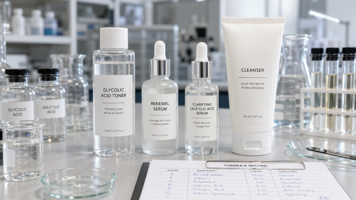 Example finished skincare product lineup for glycolic acid and salicylic acid formulation concepts