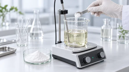 Laboratory oil-phase formulation with powder and a heated stirred beaker