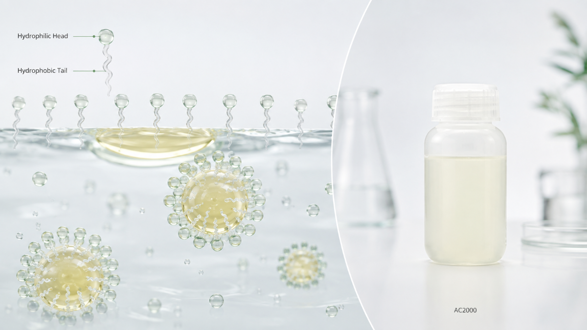 APG molecules surround oil droplets beside an AC2000 sample bottle, illustrating mild cleansing and oil dispersion in water.