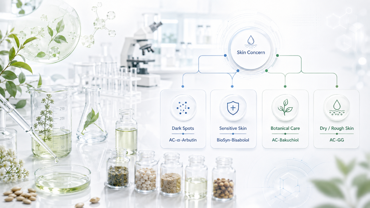 Ingredient selection infographic showing botanical extracts, lab research, and skin concern pathways for brightening formulas