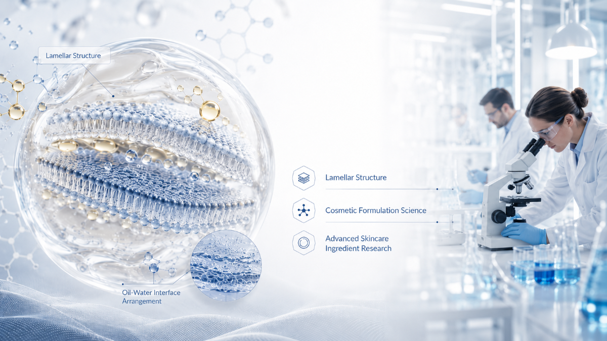 Lamellar liquid crystal structure at the oil-water interface beside cosmetic formulation researchers in a laboratory
