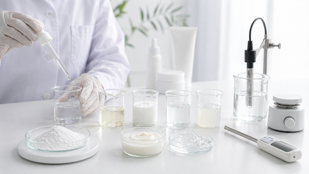 Cosmetic formulator compares clear, hazy, oil, and emulsion samples while checking pH and ingredient compatibility in a lab.