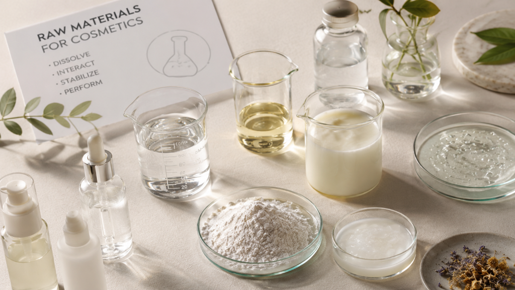 Cosmetic raw materials including water, oils, emulsions, gels and powders arranged for formulation and stability testing.