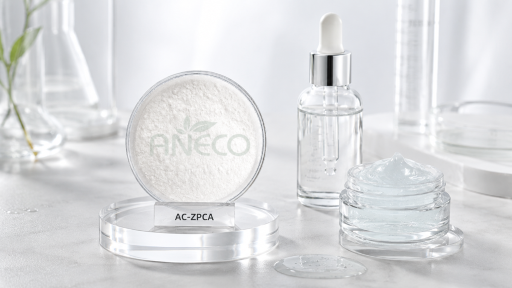 AC-ZPCA Zinc PCA powder beside a clear serum bottle and gel cream in a cosmetic laboratory. AC-ZPCA Zinc PCA powder beside a clear serum bottle and gel cream in a cosmetic laboratory.