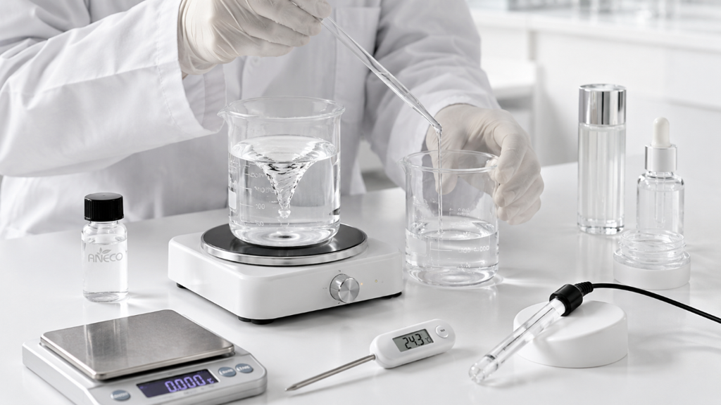 Gloved formulator preparing a clear Zinc PCA solution with beakers, a magnetic stirrer, a balance, and a temperature probe. Gloved formulator preparing a clear Zinc PCA solution with beakers, a magnetic stirrer, a balance, and a temperature probe.