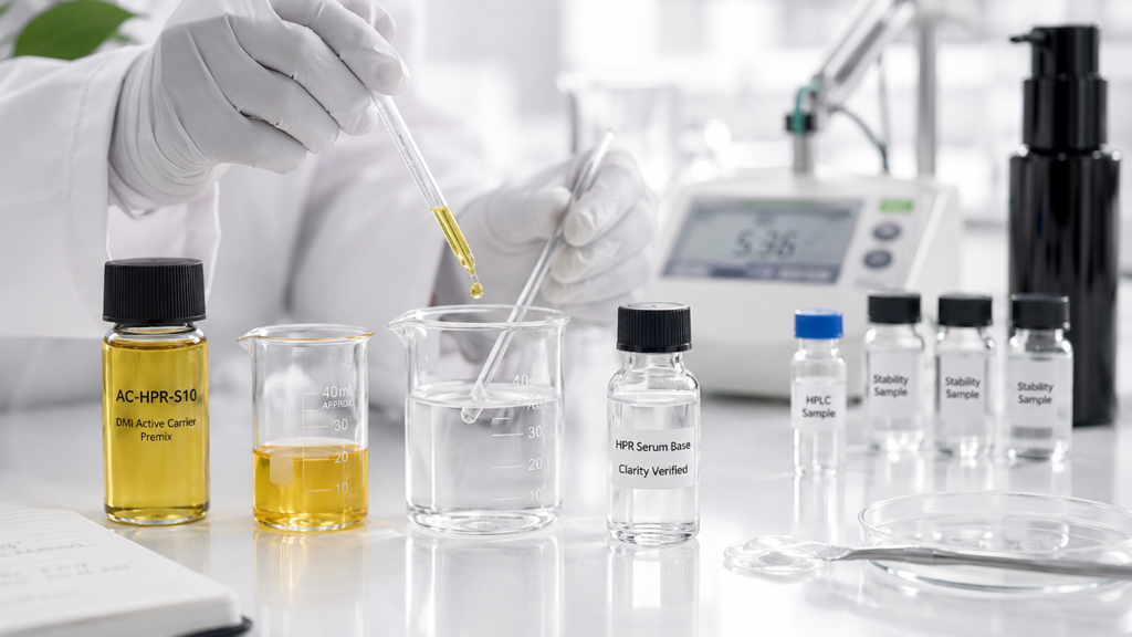 Formulator blends an AC-HPR-S10 active carrier premix into a serum base for laboratory testing. Formulator blends an AC-HPR-S10 active carrier premix into a serum base for laboratory testing.