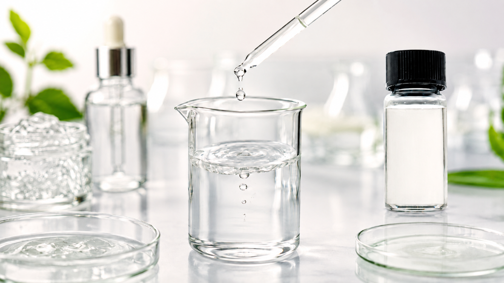 Clear cosmetic solvent in a laboratory beaker with a dropper and sample bottle. Clear cosmetic solvent in a laboratory beaker with a dropper and sample bottle.