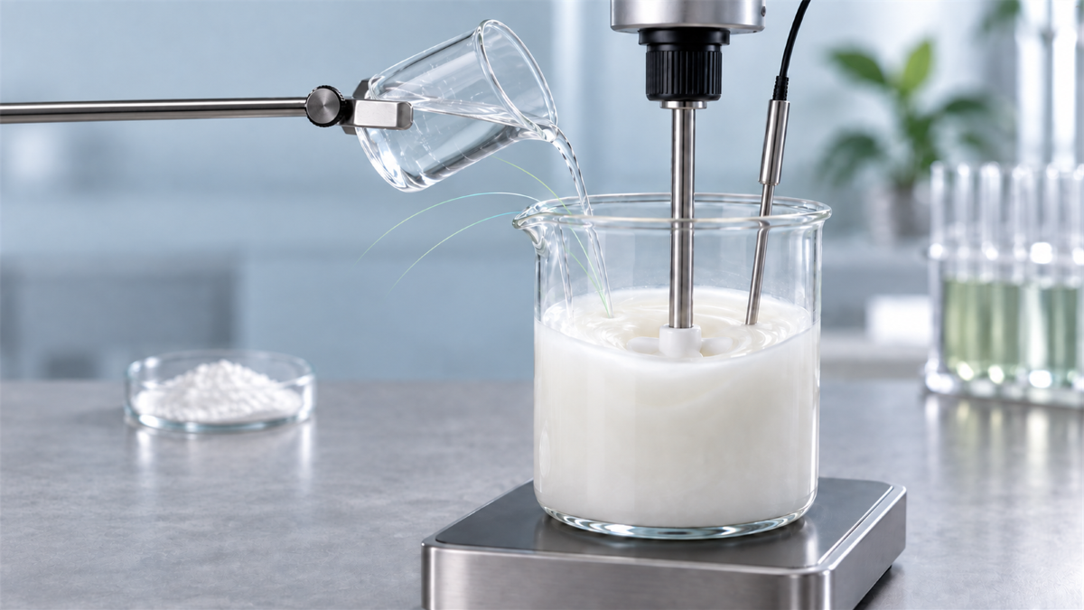 Tranexamic acid powder being incorporated into a cosmetic emulsion during laboratory formulation.