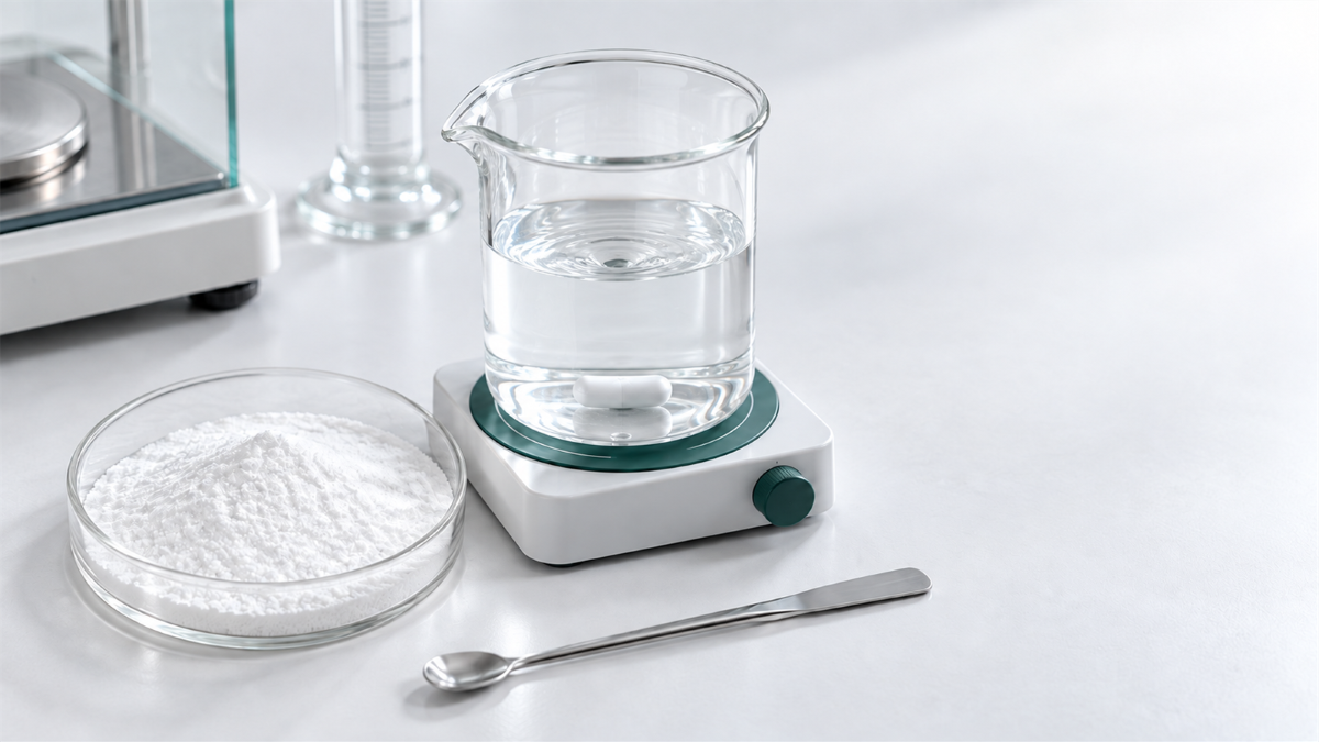 Tranexamic acid powder and water prepared for solubility and premix testing in a cosmetic laboratory.