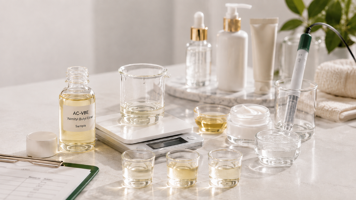 Clear VBE sample bottle, glass dropper and shallow oil dish lit by a soft champagne glow on an ivory cosmetic lab surface.