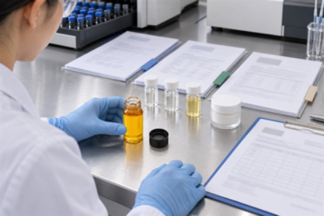 Formulator checks AC-Bakuchiol sample batches and cosmetic product compatibility in a laboratory. Formulator checks AC-Bakuchiol sample batches and cosmetic product compatibility in a laboratory.
