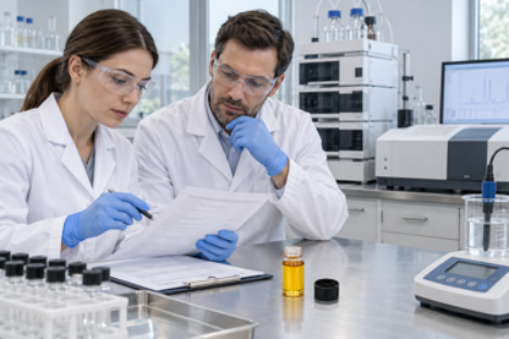 Laboratory team reviews an AC-Bakuchiol sample and formulation data beside analytical equipment. Laboratory team reviews an AC-Bakuchiol sample and formulation data beside analytical equipment.