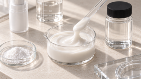 Hyaluronic acid powder and moisturizing cream samples compared for texture and formulation compatibility. Hyaluronic acid powder and moisturizing cream samples compared for texture and formulation compatibility.