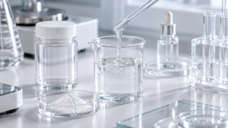 Hyaluronic acid powder and clear serum samples prepared for molecular weight grade evaluation in a cosmetic laboratory. Hyaluronic acid powder and clear serum samples prepared for molecular weight grade evaluation in a cosmetic laboratory.