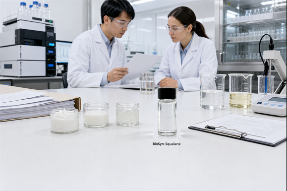 Laboratory formulators review BioSyn-Squalane samples, formulation tests and supplier documents.