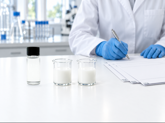 Squalane sample bottle and two cosmetic emulsion samples prepared for laboratory comparison.