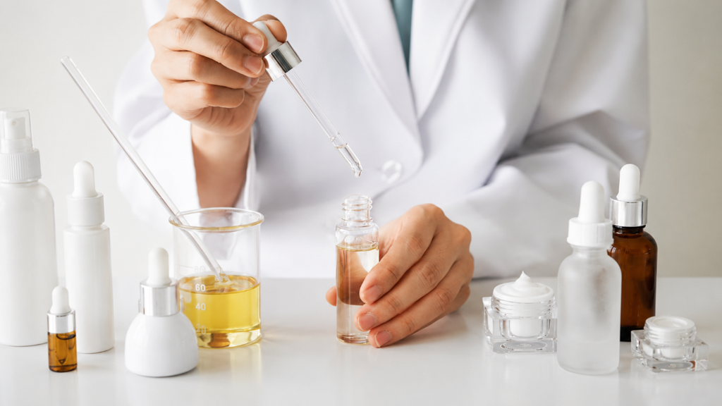 Laboratory formulator preparing a retinol and bakuchiol anti-aging serum sample in a cosmetic lab.