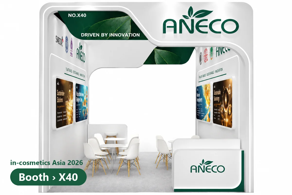 ANECO booth X40 design render for in-cosmetics Asia 2026 at BITEC in Bangkok. ANECO booth X40 design render for in-cosmetics Asia 2026 at BITEC in Bangkok.
